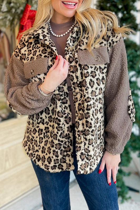 Chaqueta con cuello y botones, con solapa y estampado de leopardo, de sherpa marrón