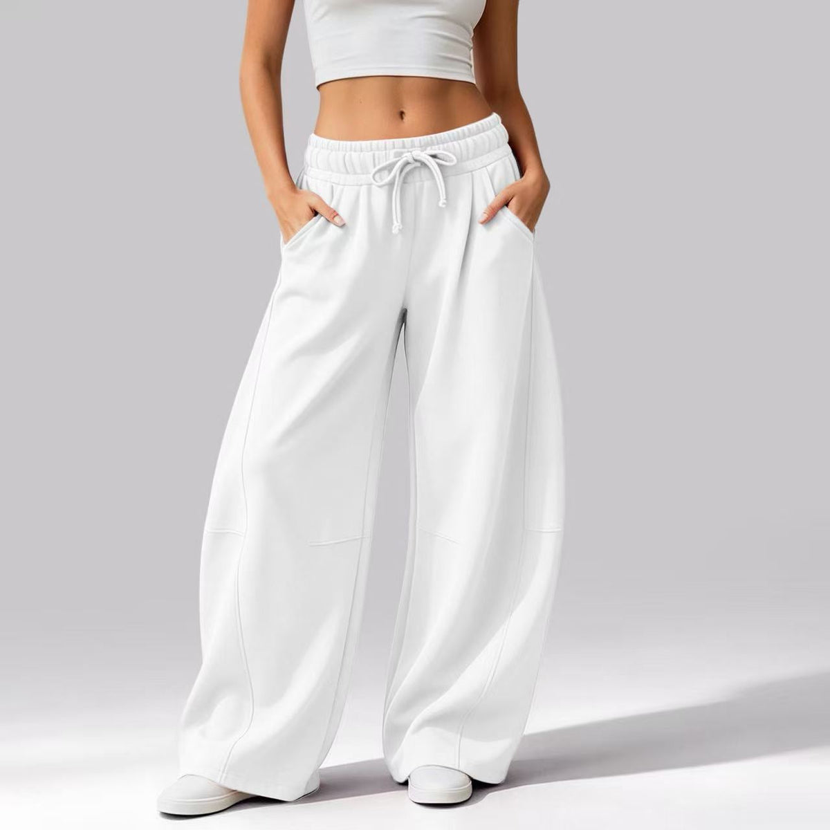 Women's Solid Color Casual Pocket Wide-Leg Pants, Fleece-Lined Drawstring Sweatpants