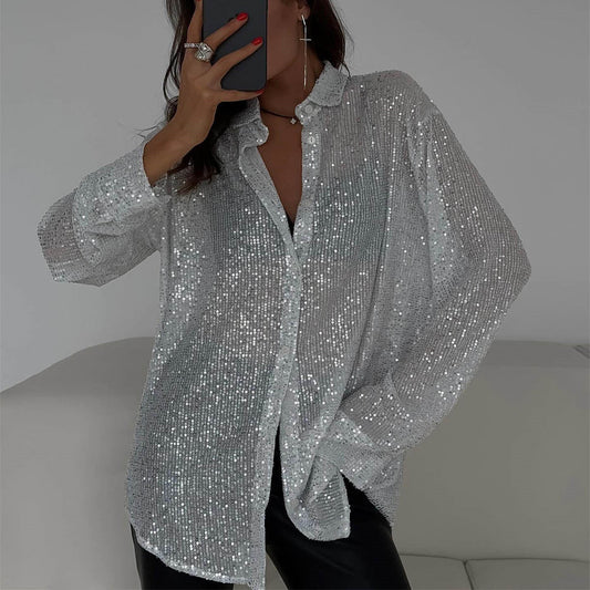 Sequin Lapel Long Sleeve Shirt See size chart under “more details”