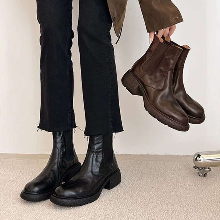 Botines de tacón grueso estilo británico para mujer – Botines de cuero Dr. Style para otoño e invierno