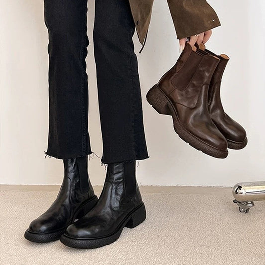 Botines de tacón grueso estilo británico para mujer – Botines de cuero Dr. Style para otoño e invierno