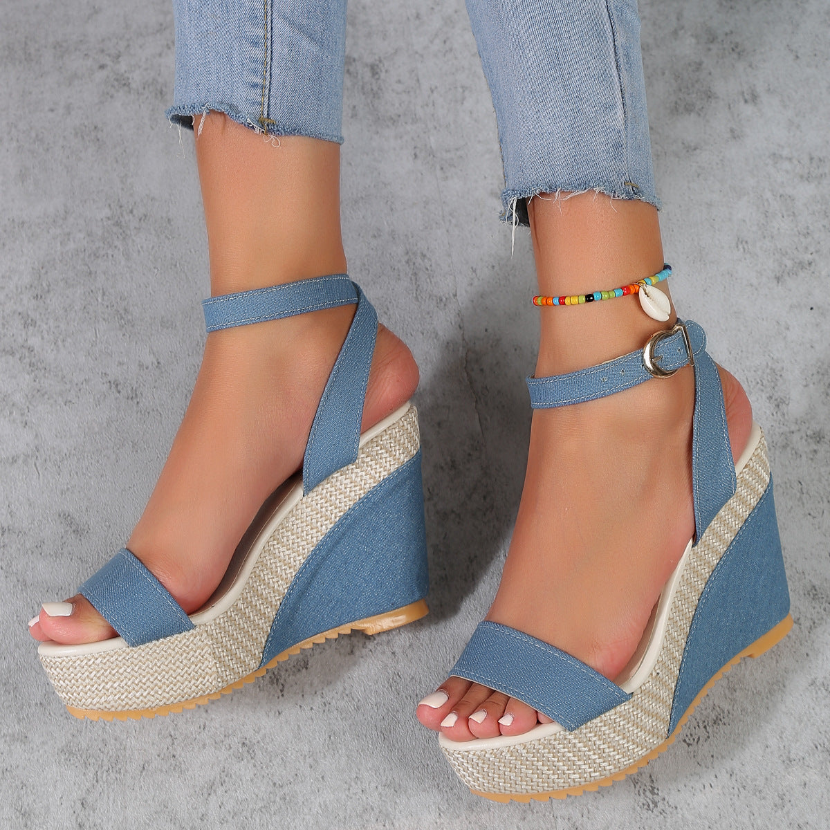Women's High-Heel Denim Fabric Ankle-Strap Sandals