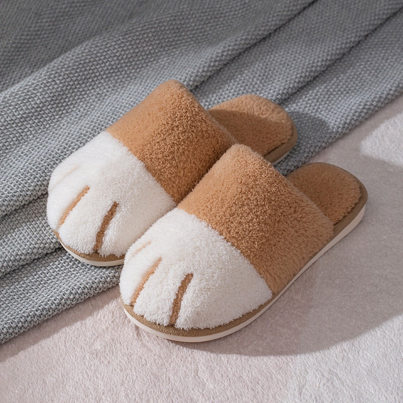 Zapatillas de invierno cálidas con piel para mujer, bonitas zapatillas de dormitorio con diseño de pata de gato, zapatos de felpa cálidos, antideslizantes para interior, zapatillas peludas para mujer