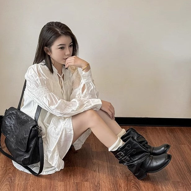 Genuine Leather Black Chunky-sole Ankle Boots