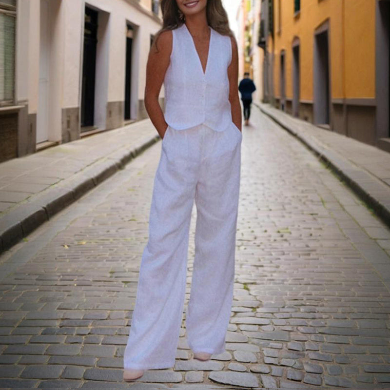 Conjunto de chaleco con botones y cuello en V y pantalón de talle alto para mujer
