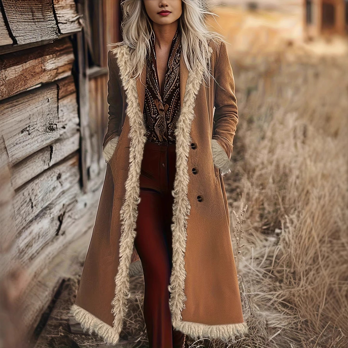 Women's Spring And Autumn Fashion Retro Suede Edge Solid Color Long Wind Jacket