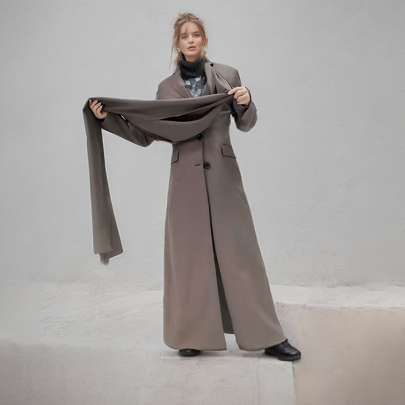 Draped Cape-Scarf Longline Tailored Coat