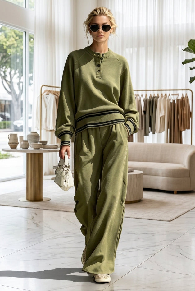 Women's Striped-Trim Henley Top & Wide-Leg Pants Set