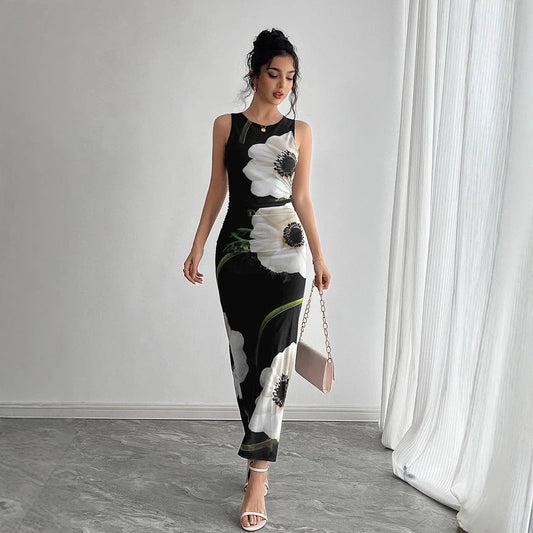 Vestido largo sin mangas de malla negra con estampado floral para mujer
