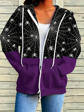 Women's Halloween-themed Printed Zip-up Hooded Jacket, Casual Long-sleeve Top, New Autumn American-style Sweatshirt