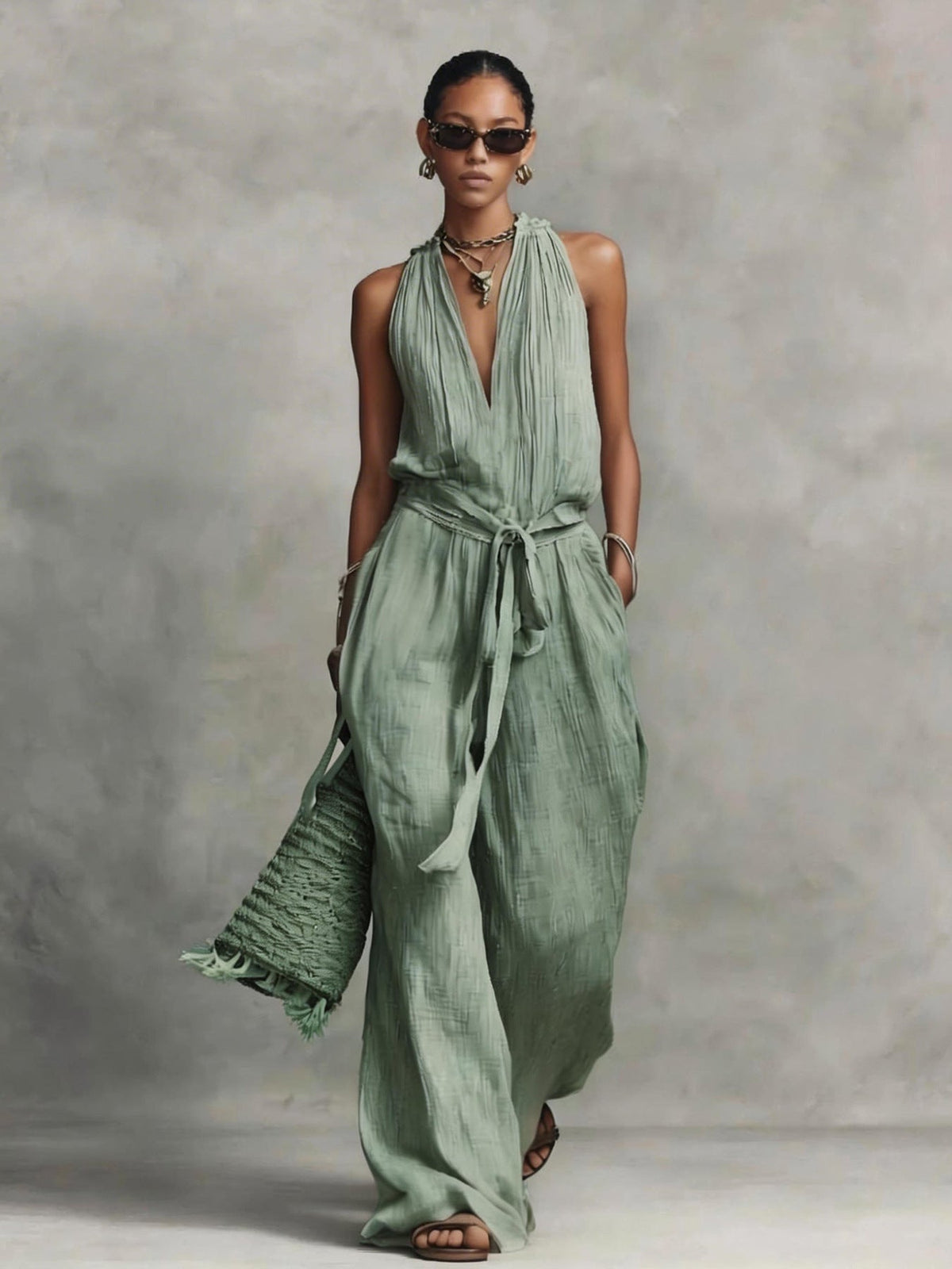 Women's Casual Belted Sleeveless Cotton-blend Jumpsuit