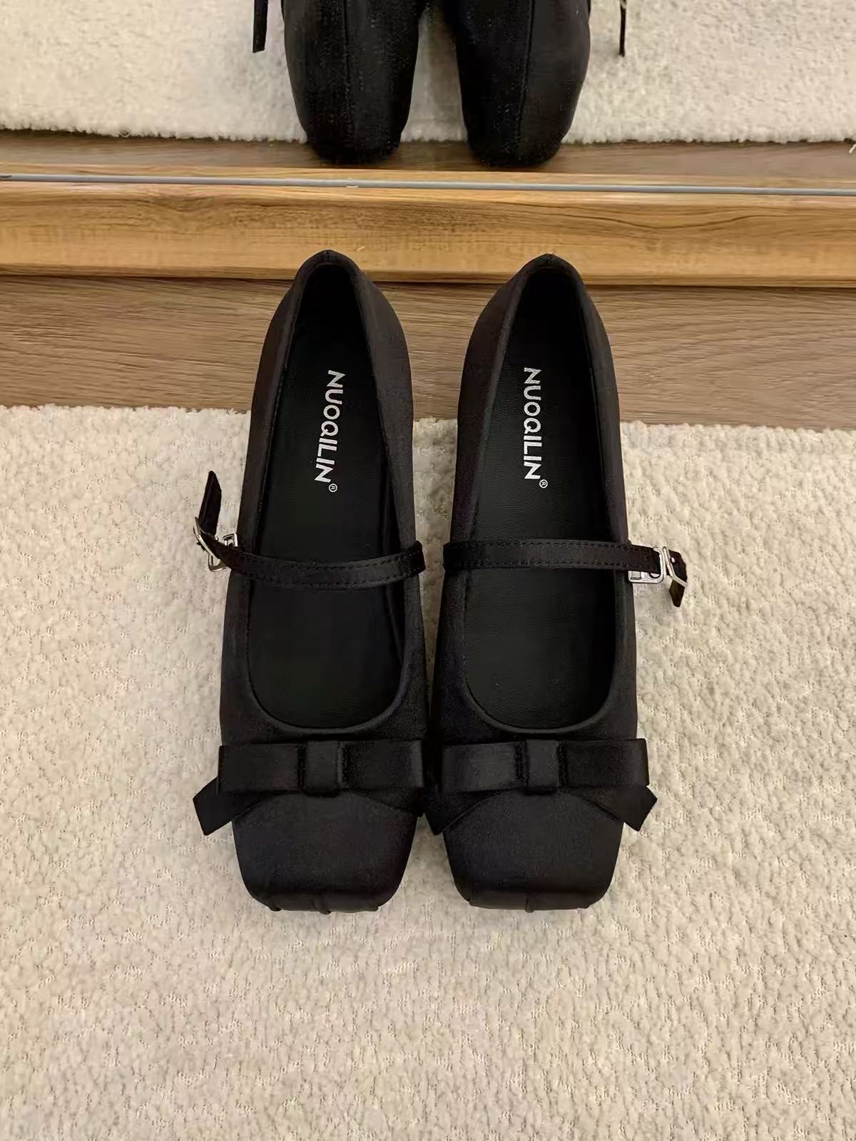 Women French Gentle Satin Ribbon Bow Mary Jane Flats, Square Toe Single Mini Buckle Shiny Silk Casual Daily Wedding Doll Ballet Shoes
