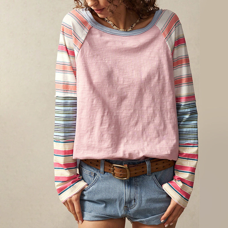 Camiseta de manga larga a rayas y cuello redondo para mujer