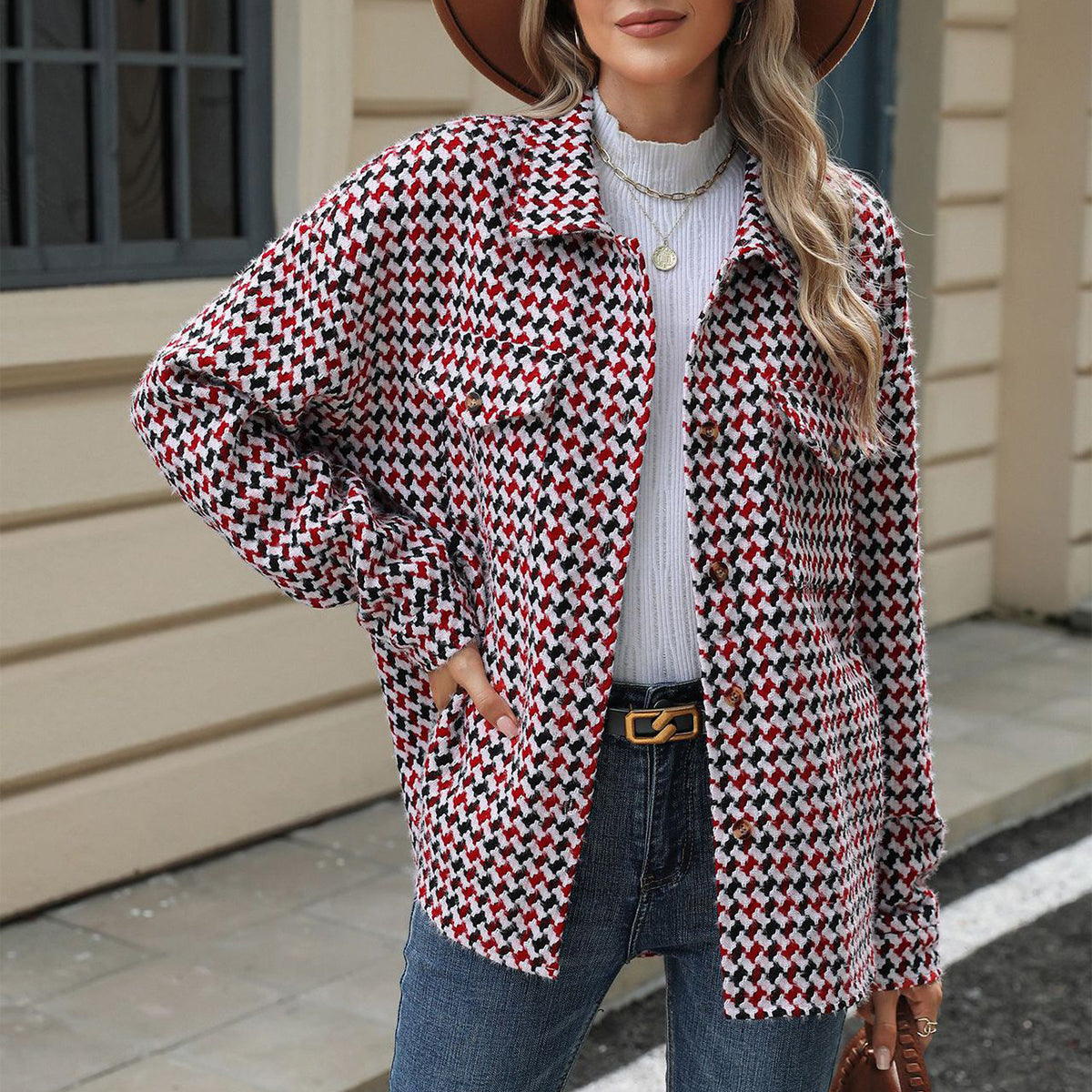 Gabardina de tweed con solapa de pata de gallo, abrigo casual de manga larga suelto con bolsillos, prendas de abrigo para mujer. Ver tabla de tallas en "más detalles".