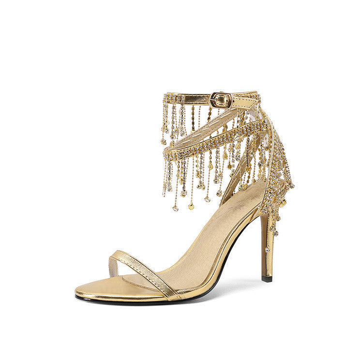 Women's Minimalist Single-strap Sandals with Rhinestone Fringe
