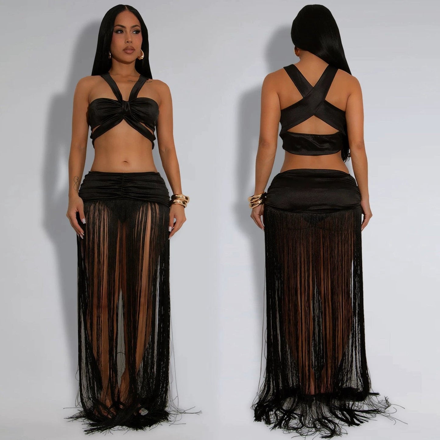 Sexy Shoulder Strap Top Tassel Skirt Two-piece Set