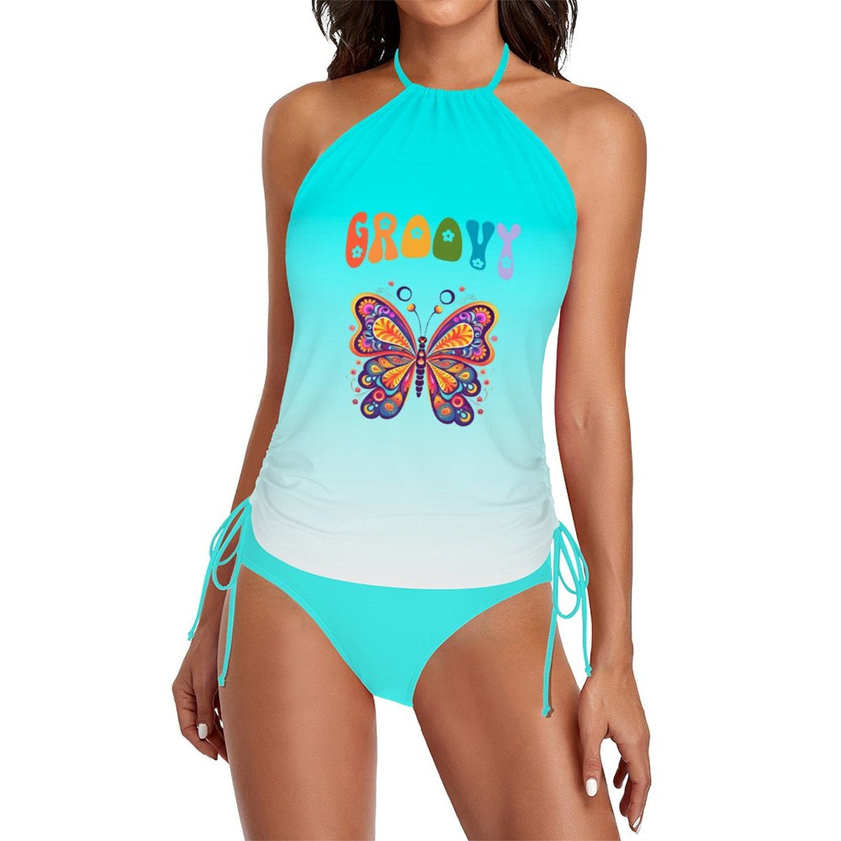 Groovy Butterfly Halter Neck 2-Piece Swimsuit Set for Women (Made in USA)