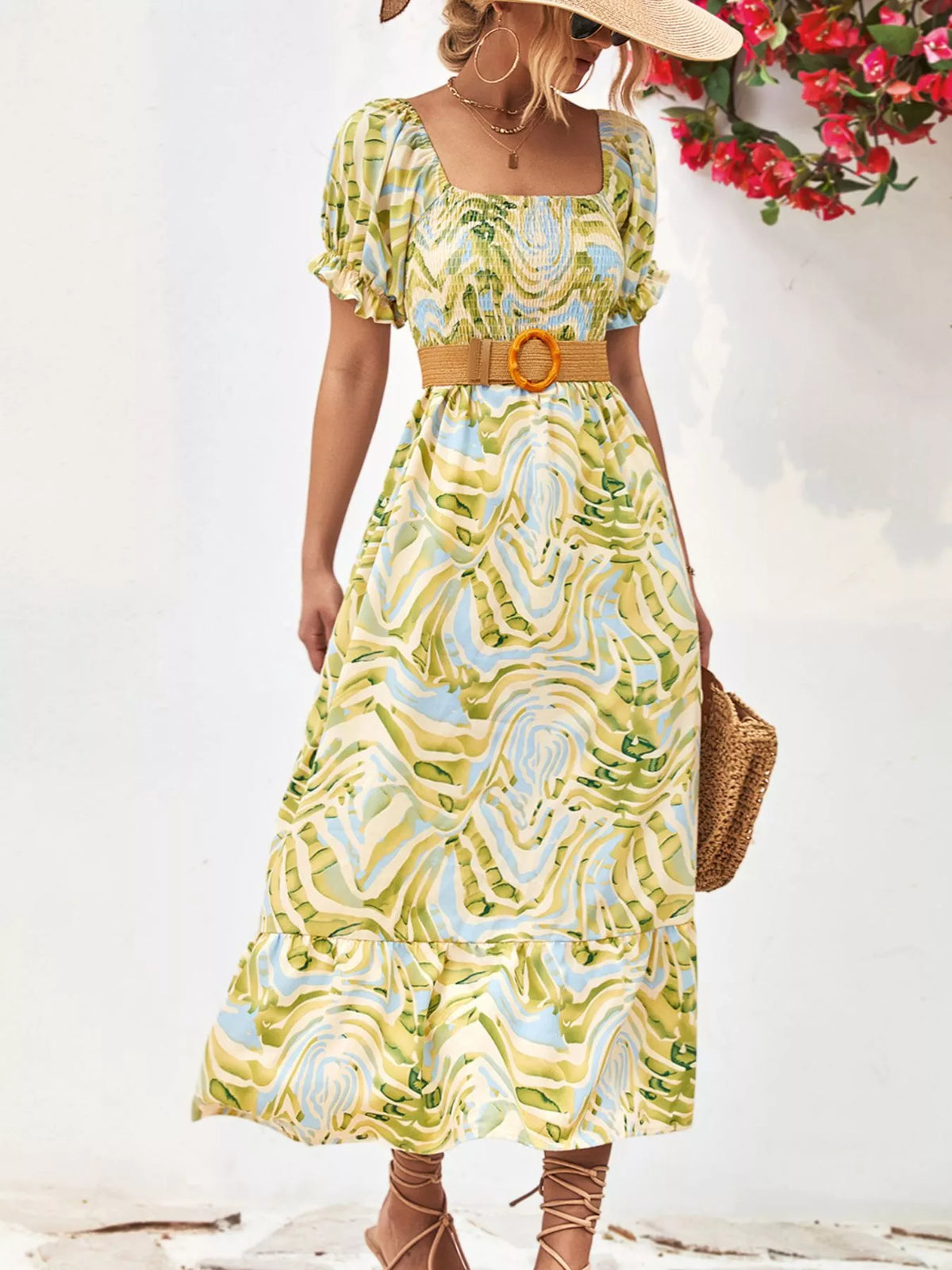 Smocked Printed Puff Sleeve Midi Dress