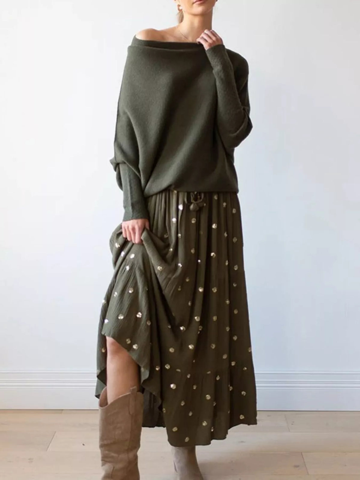 Boat Neck Long Sleeve Sweater