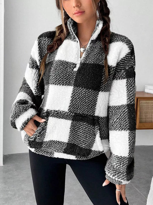 Sudadera de manga larga de sherpa a cuadros de talla grande