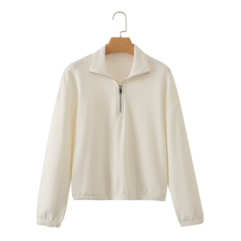 Long-sleeve Stand-collar Sweatshirt With Metal Zipper Available In Multiple Colors