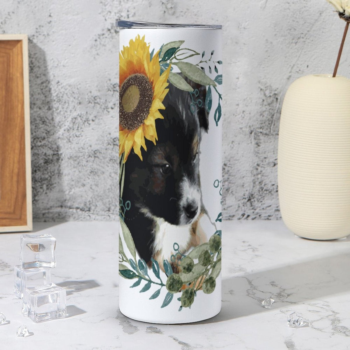 Cute Black Puppy with Sunflower 20oz Large Capacity Tumbler with Lid