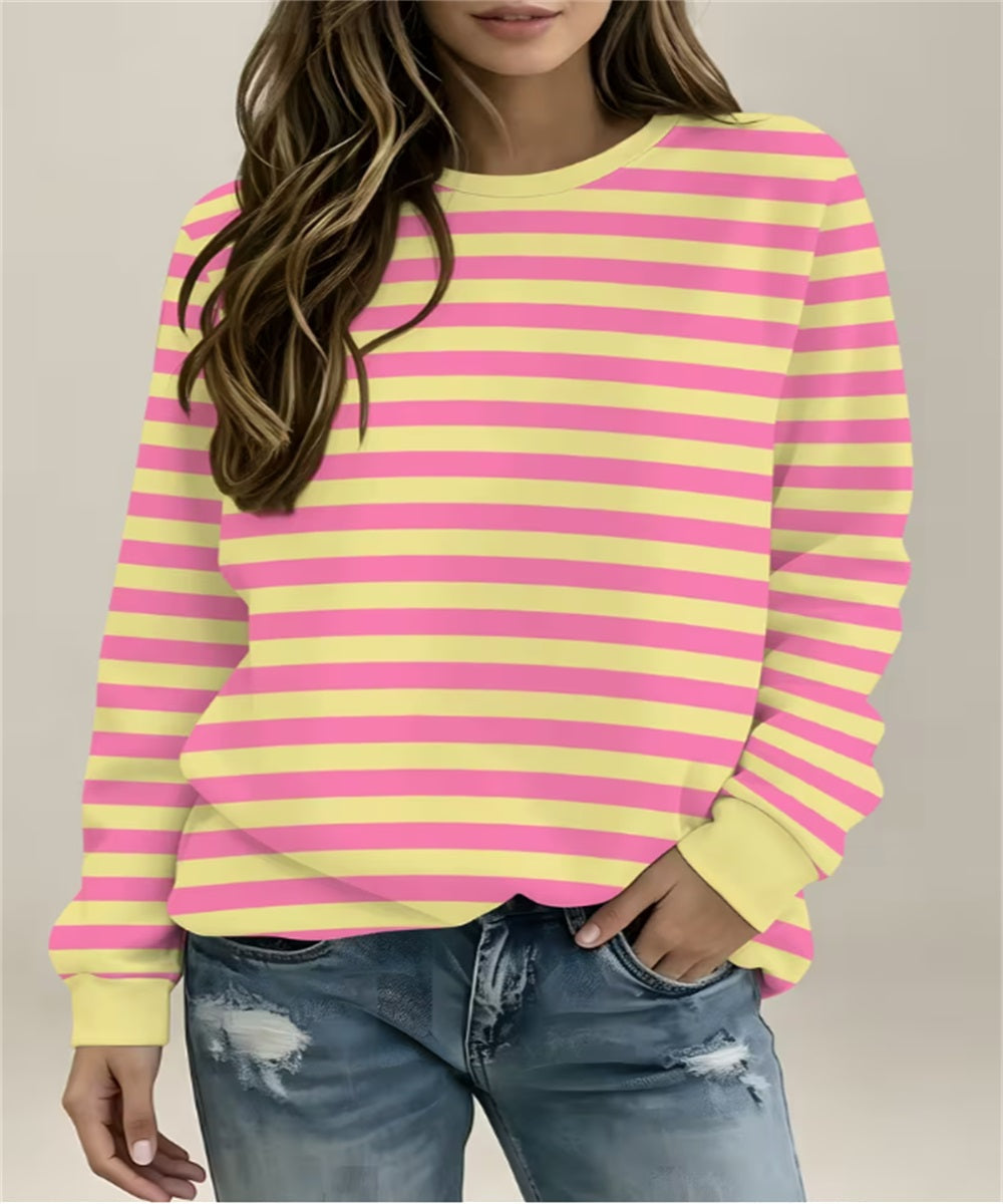 Women's Pink Yellow Horizontal Stripe Print Crew Neck Sweatshirt, Long Sleeve Casual Pullover Top