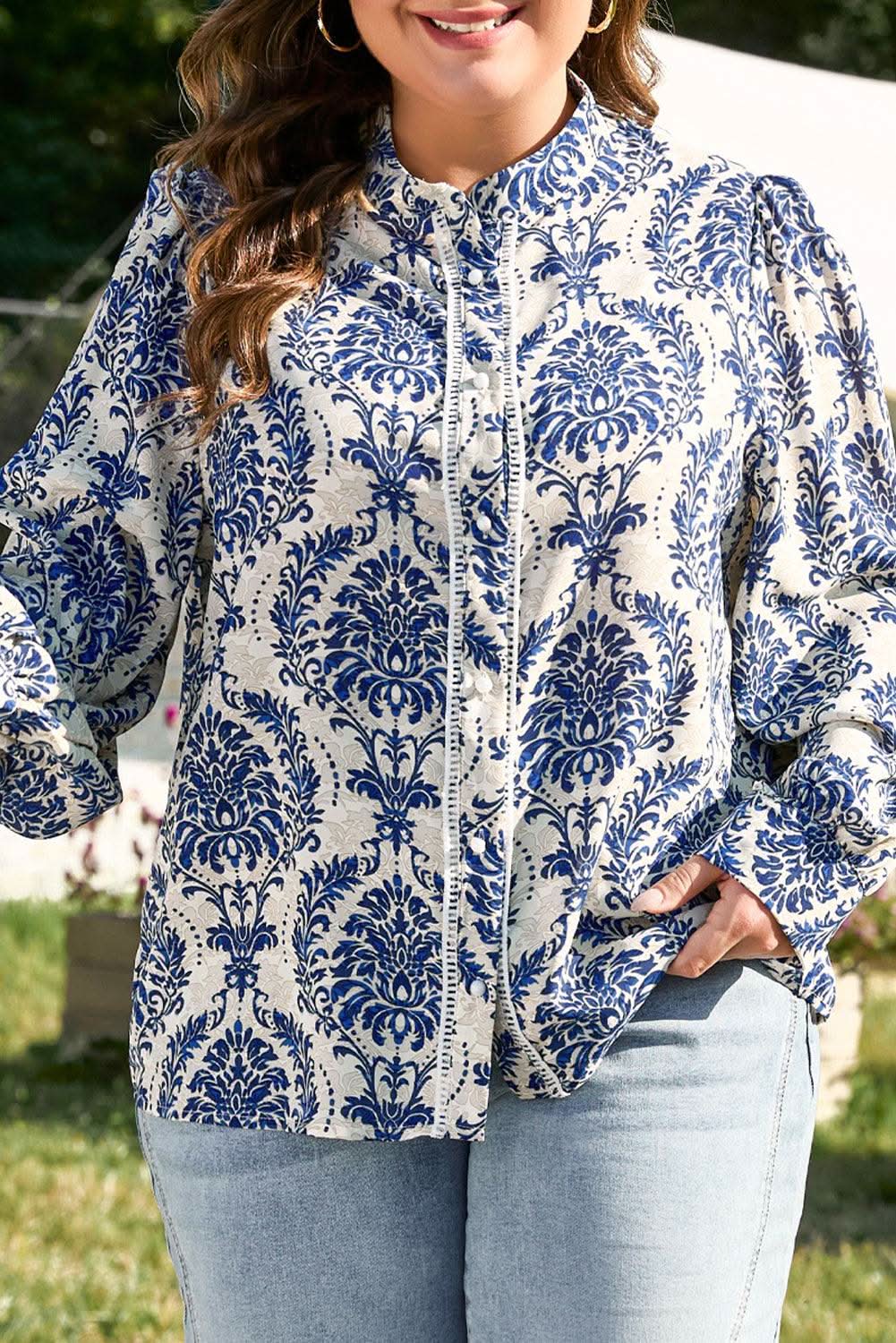 Love Salve Tribal Print Plus Shirt Sky Blue — Versatile Woven Top