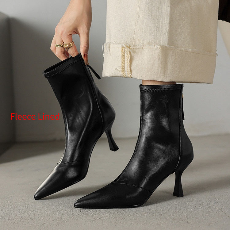 Botines de mujer de piel de vaca con puntera y tacón de aguja – Botines de tacón alto con cremallera trasera