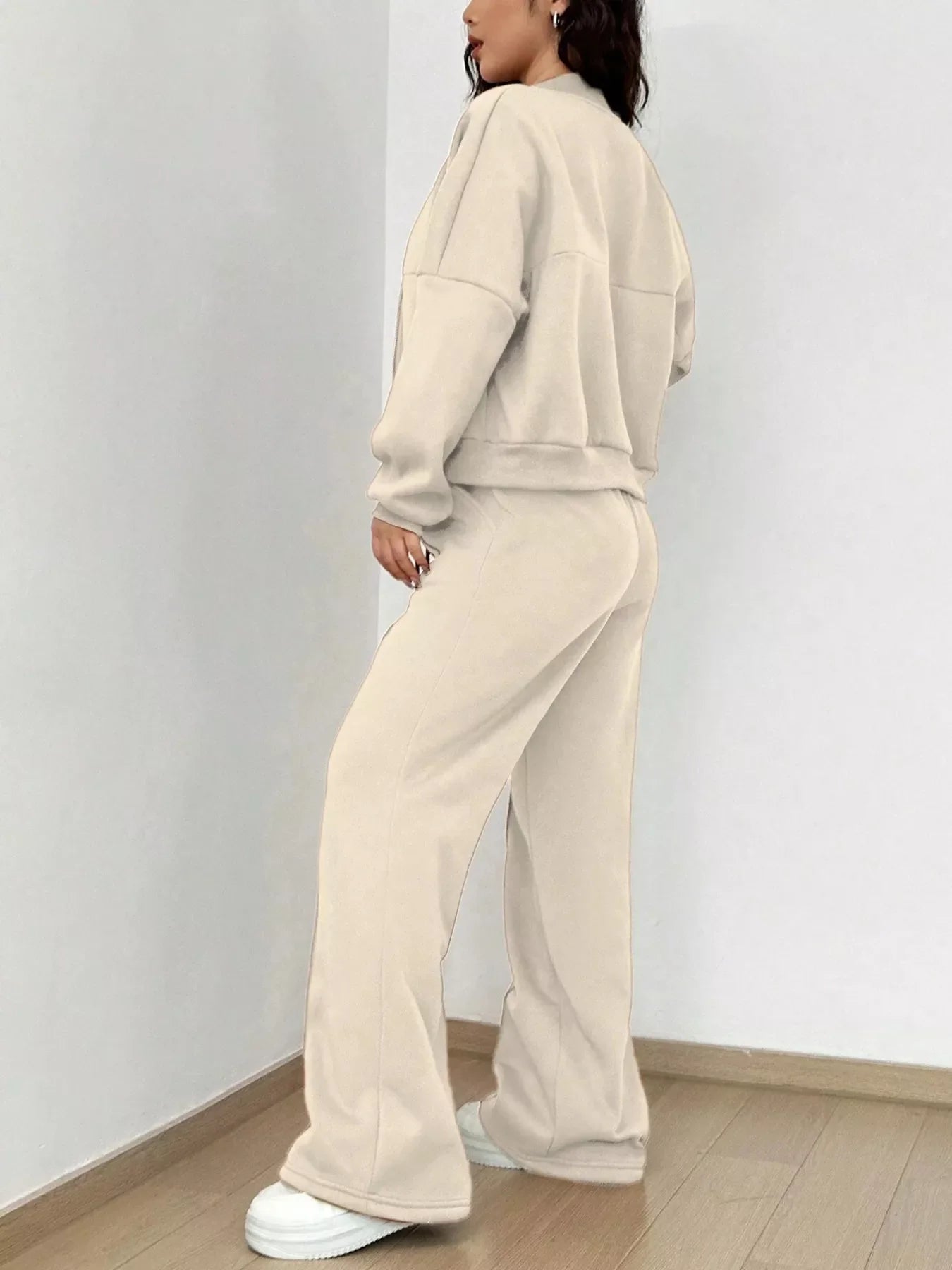 Conjunto de chaqueta con cremallera de color liso informal y pantalones de pernera ancha