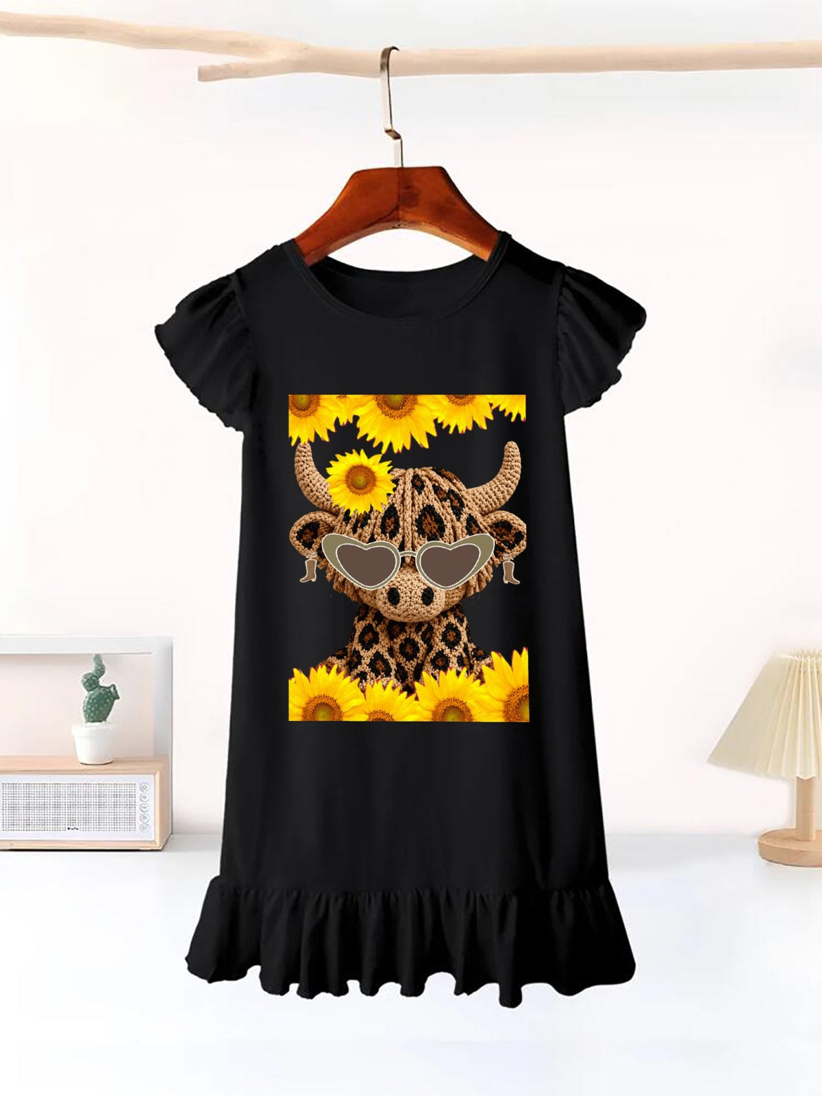 Yarn Highland Cow with Sunflowers Flutter Sleeve Dress for Girls