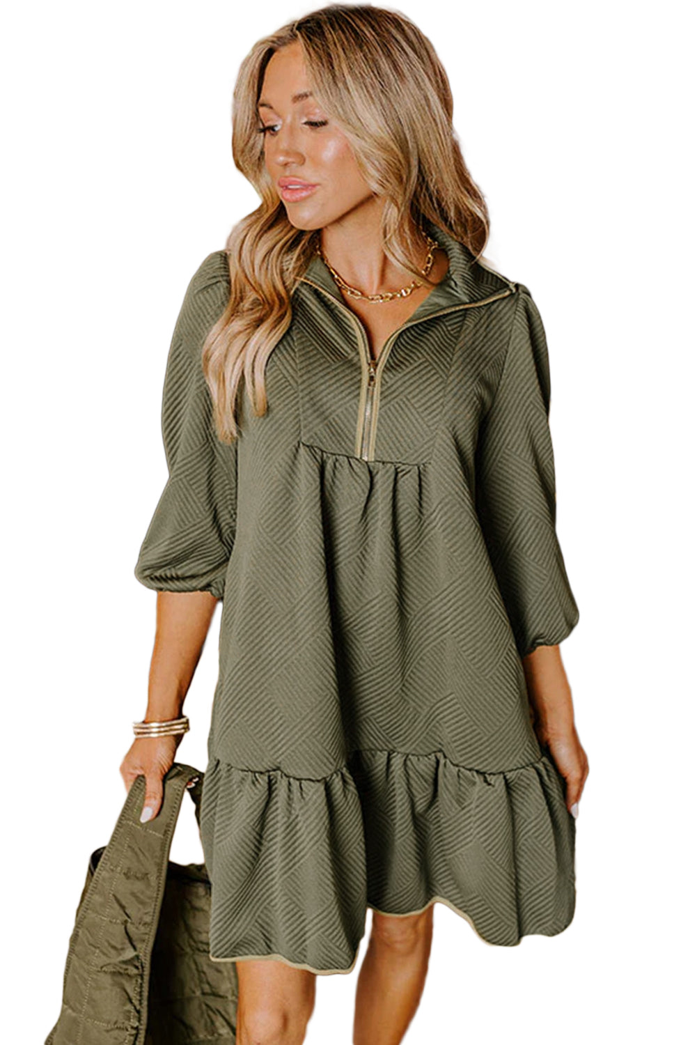 Minivestido texturizado con cuello de cremallera de cuarto, mangas de pulsera, color verde jungla