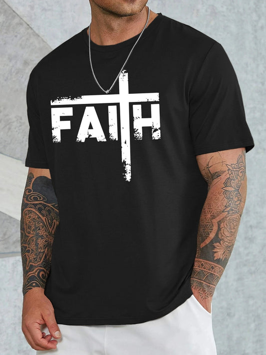Camiseta deportiva informal de hombre grande, camiseta cómoda de cuello redondo con patrón de fe, ropa de verano