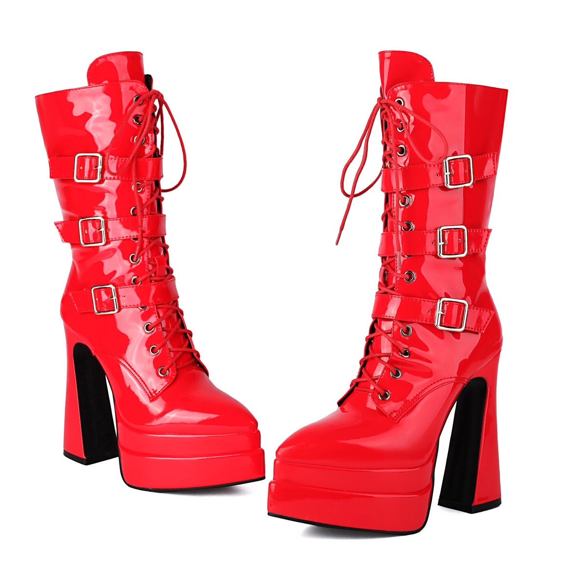 Platform Pointed Toe Belt Buckle Mid Calf Boots