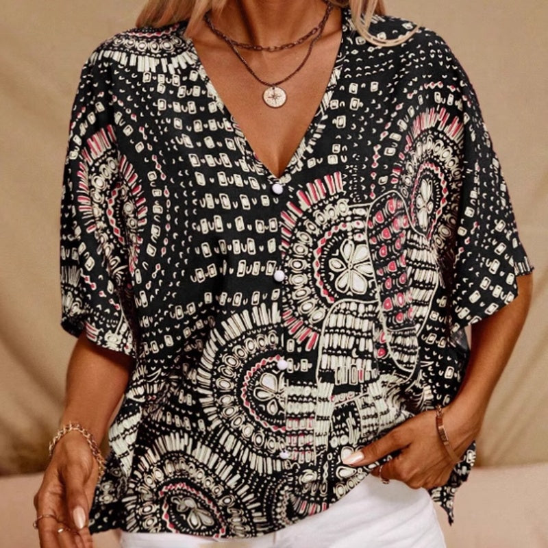 Blusa con cuello en V y estampado de mandala – Top casual de vacaciones