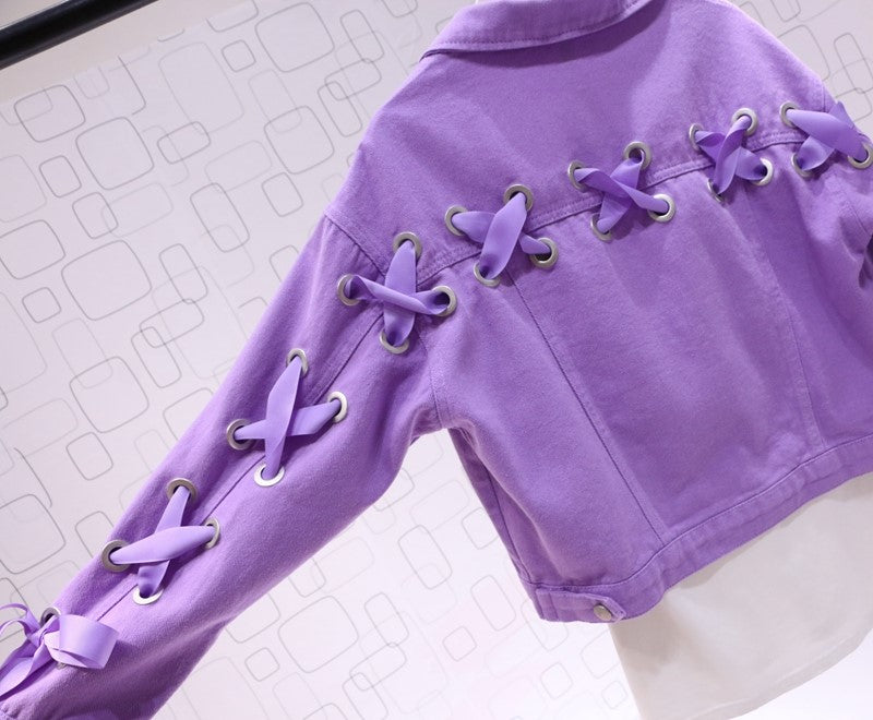 Short Denim Jacket, Bow Tie Jacket Top Purple See size chart under “more details”