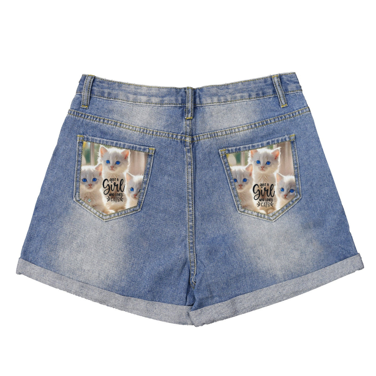 Just a Girl Who Loves Cats Light Blue Denim Shorts with Dual Pockets Design