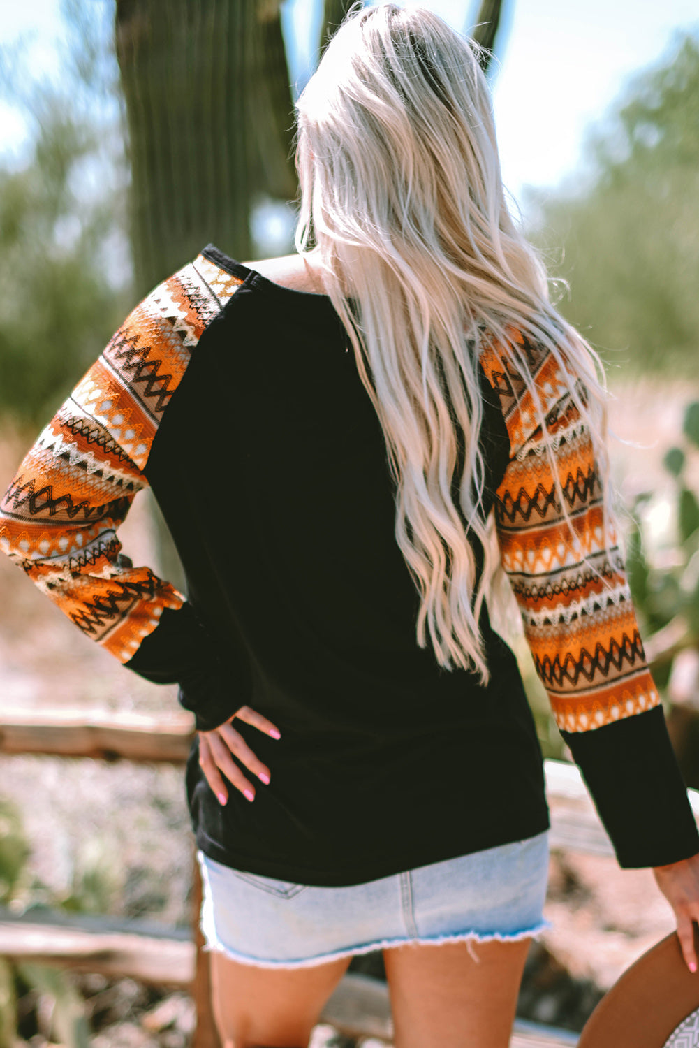 Orange Geometric Print Raglan Patchwork Long Sleeve Shirt