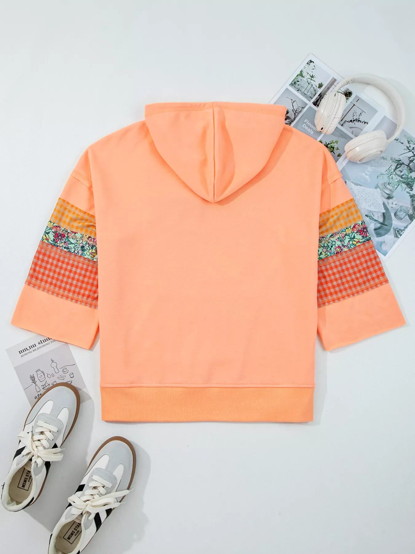 Plaid Floral Patchwork Kangaroo Pocket Hoodie