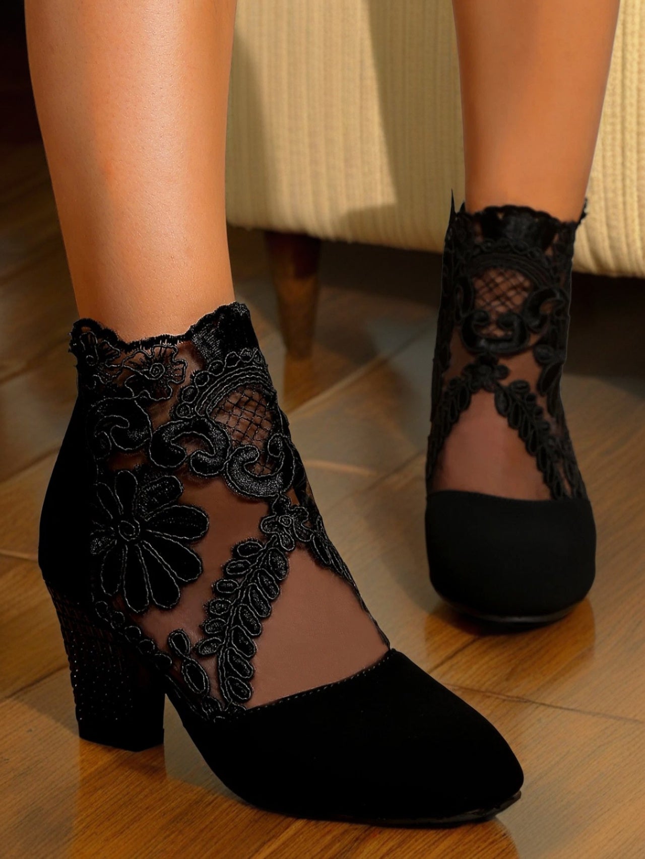 Botines de tacón grueso de malla bordados con encaje para mujer