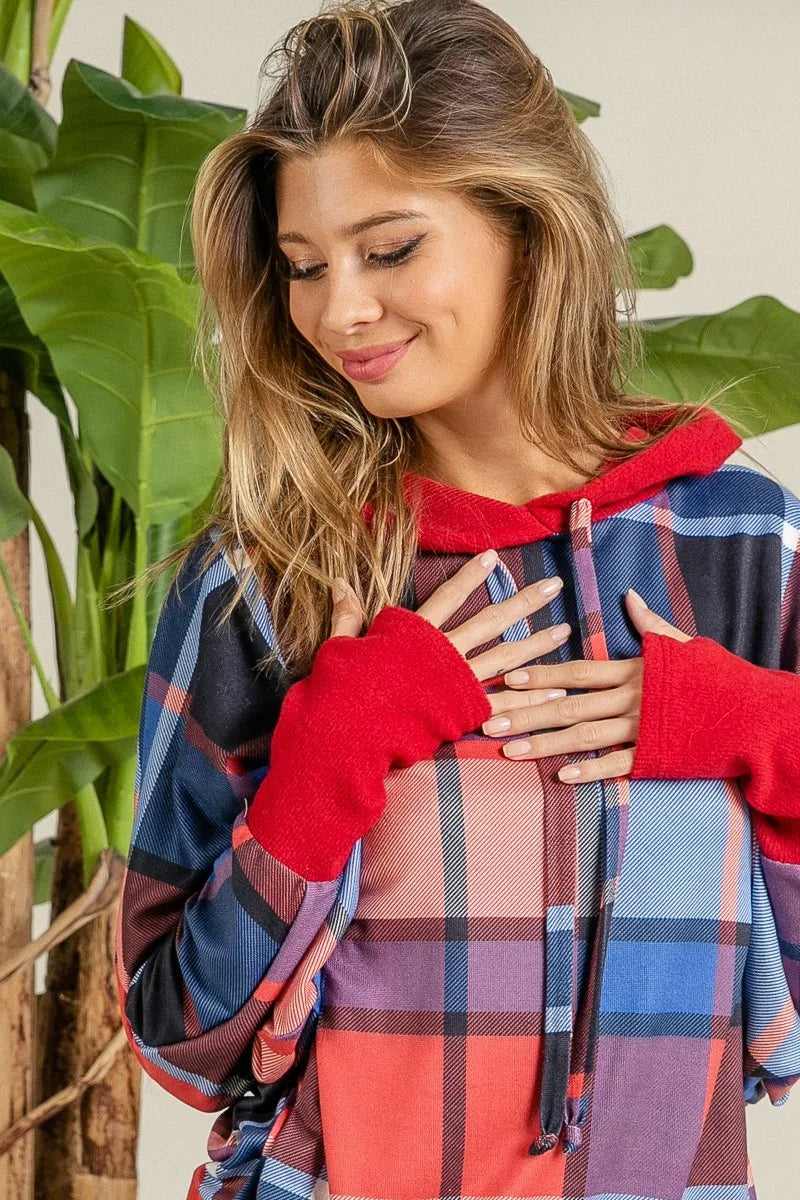 Plaid Mirr Brushed Rib Contrast Thumb Open Hoodie