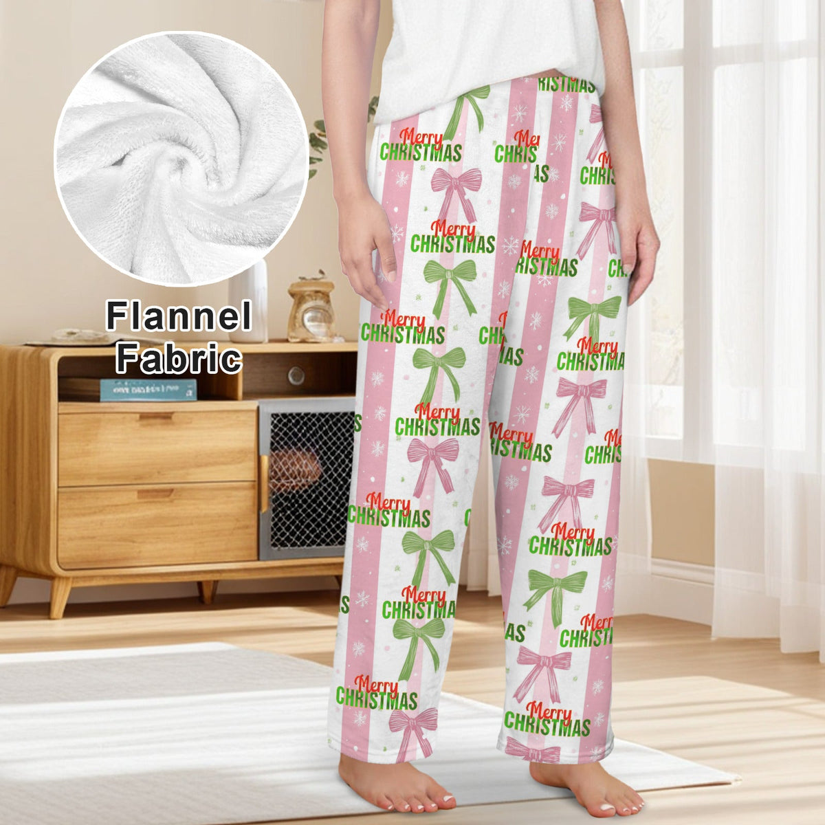 Pink Coquette Merry Christmas Flannel Pajama Pants for Women (Made in USA)