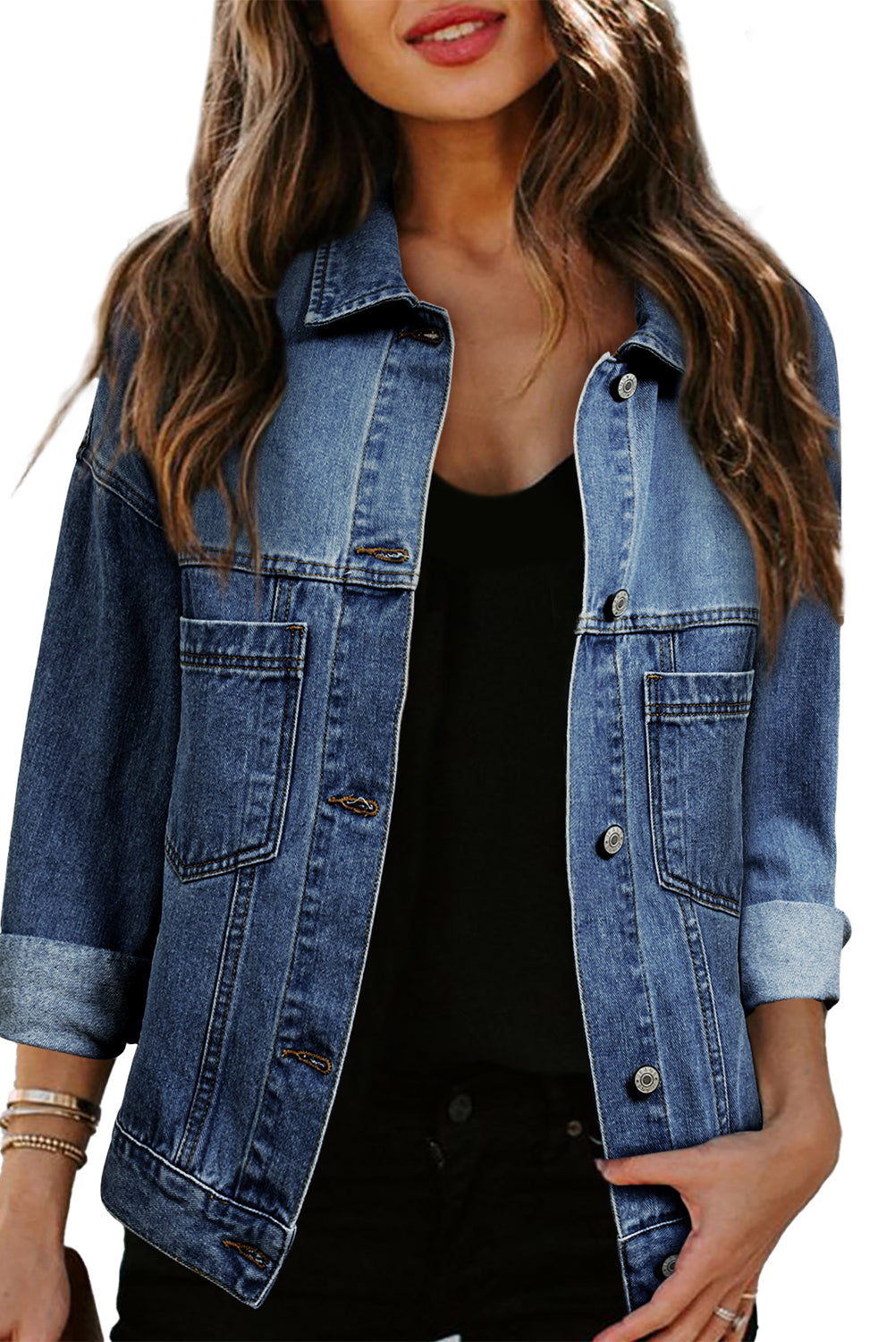 Chaqueta vaquera oversize con bolsillo, lavada a la piedra, a rayas azules