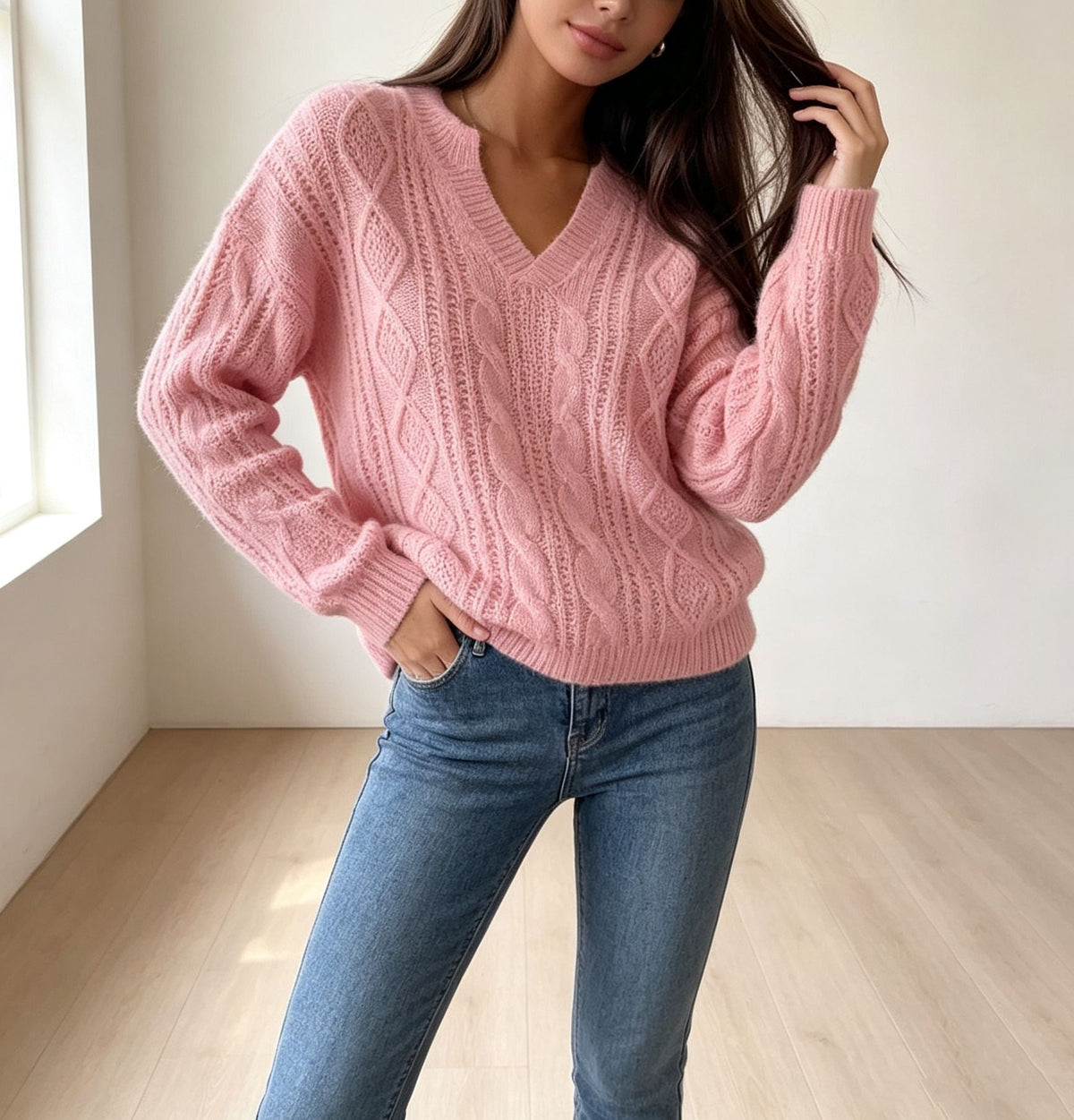 Women's Fashion Cable-knit Sweater With A Half-placket Neckline