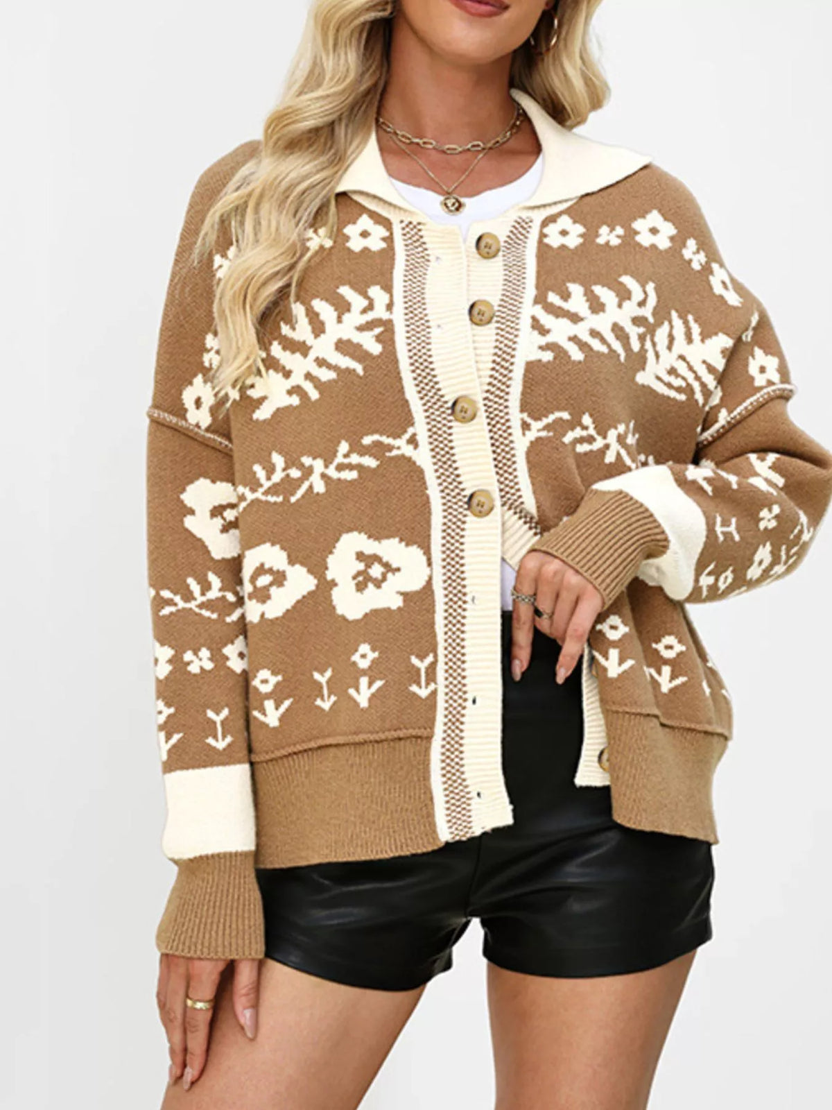 Floral Pattern Knit Cardigan with Contrast Collar
