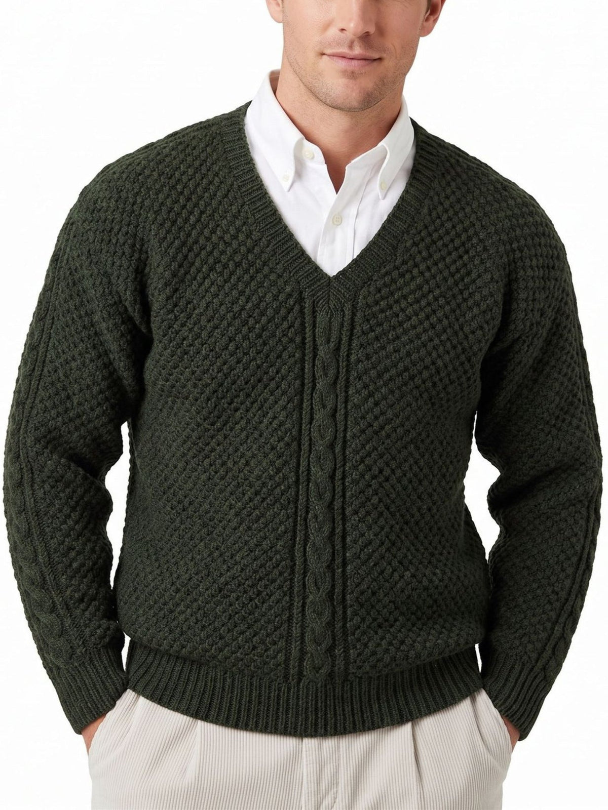 Mens V-neck Cable-Knit Solid-Color Sweater