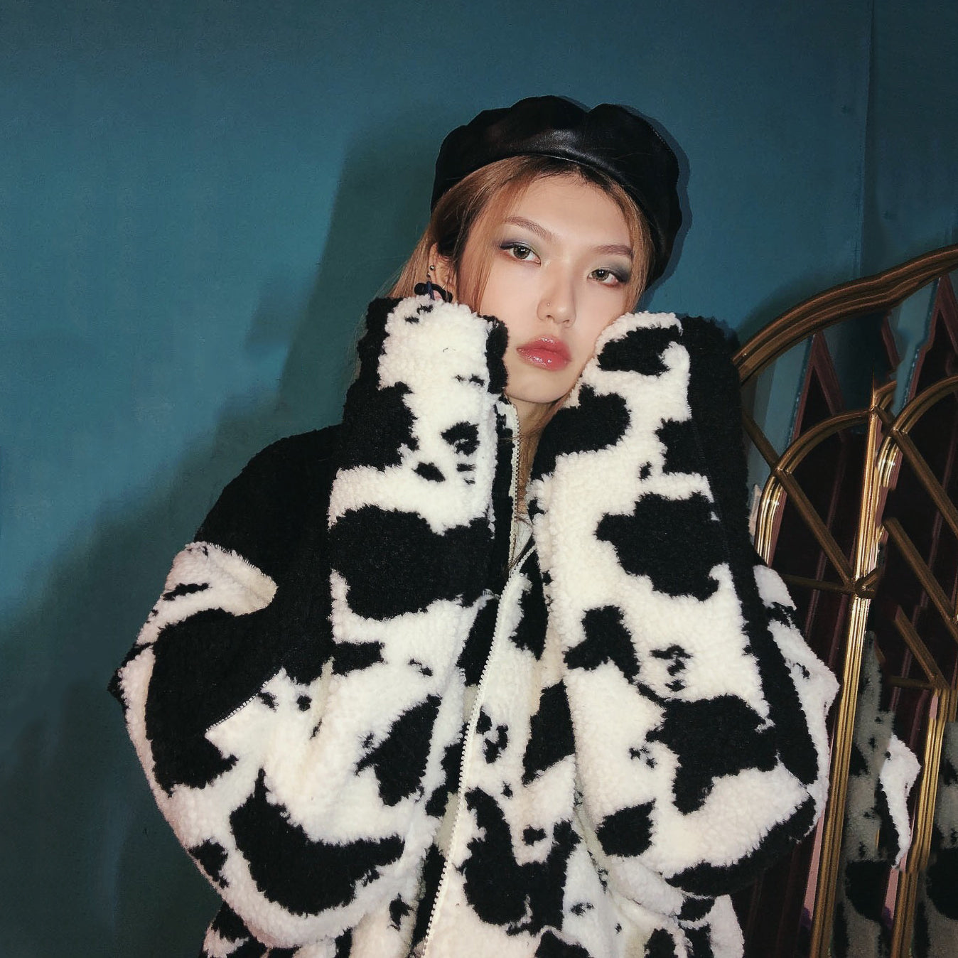 Oversized Cow Print Plush Cotton Jacket for All