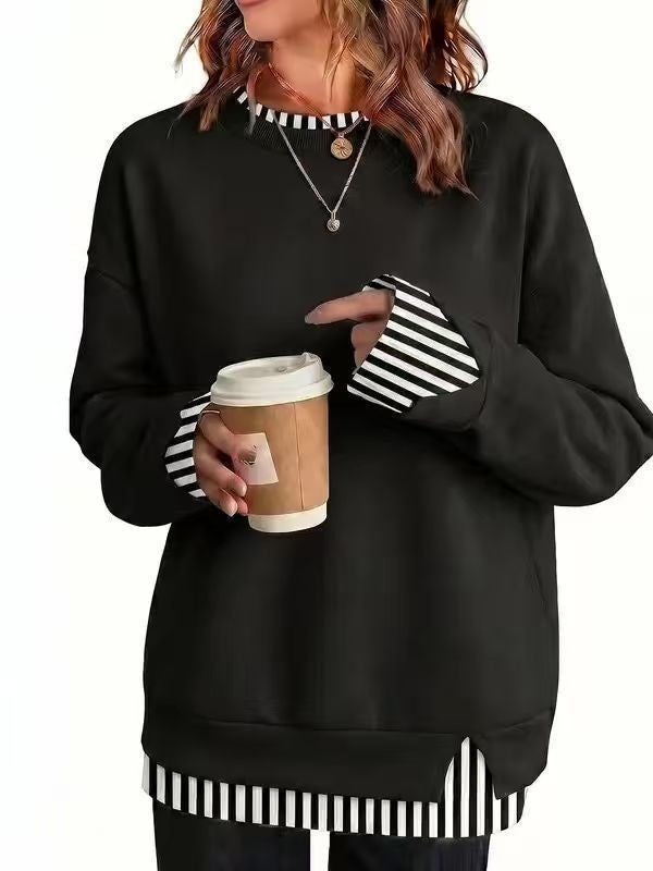 2026 Autumn New European And American Cross-Border Women's Top, Fashionable And Versatile, Loose Casual Style, Faux Two-Piece Long-Sleeve Sweatshirt