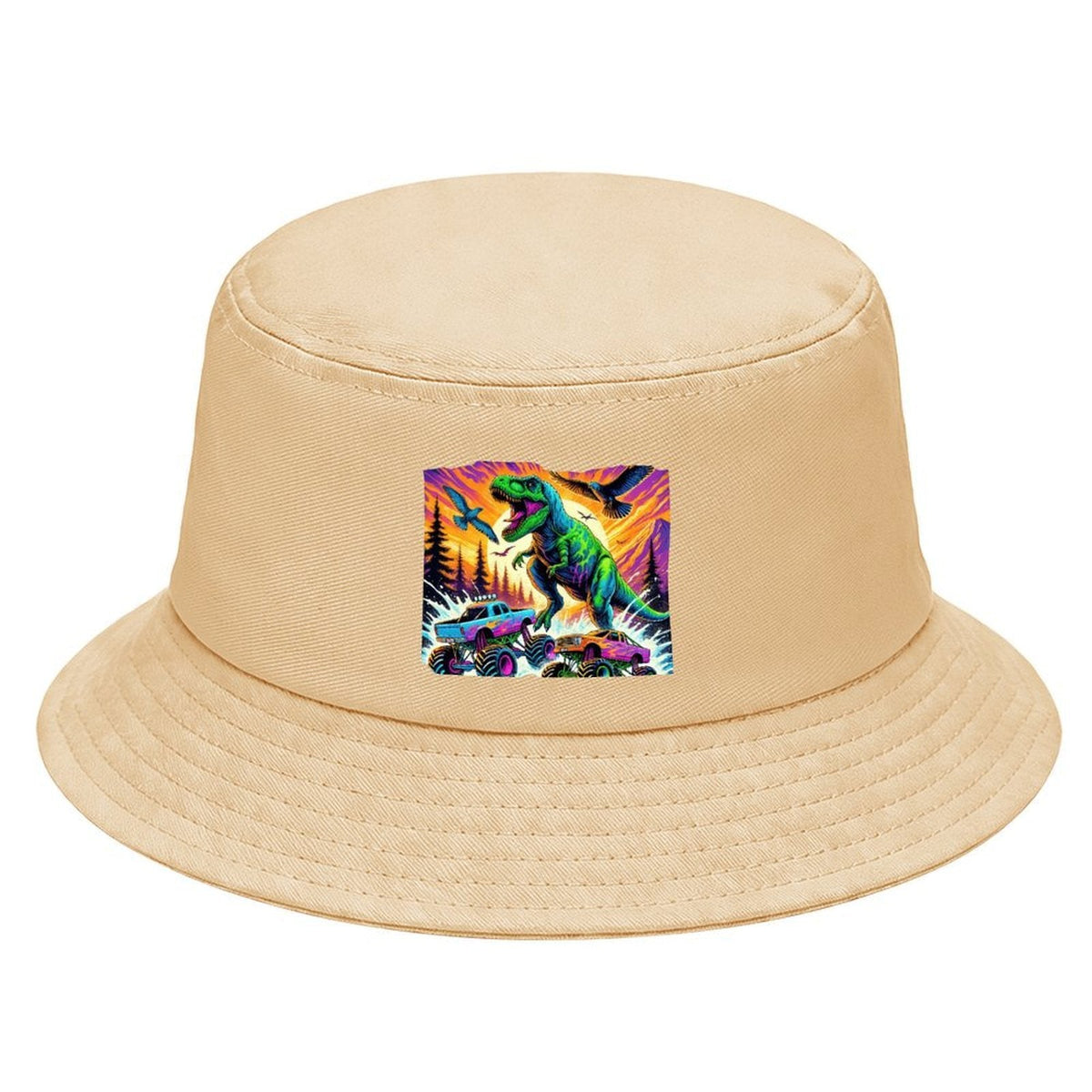Giant Dinosaur Stomping Trucks Design Kid's Bucket Hat | Ships from USA