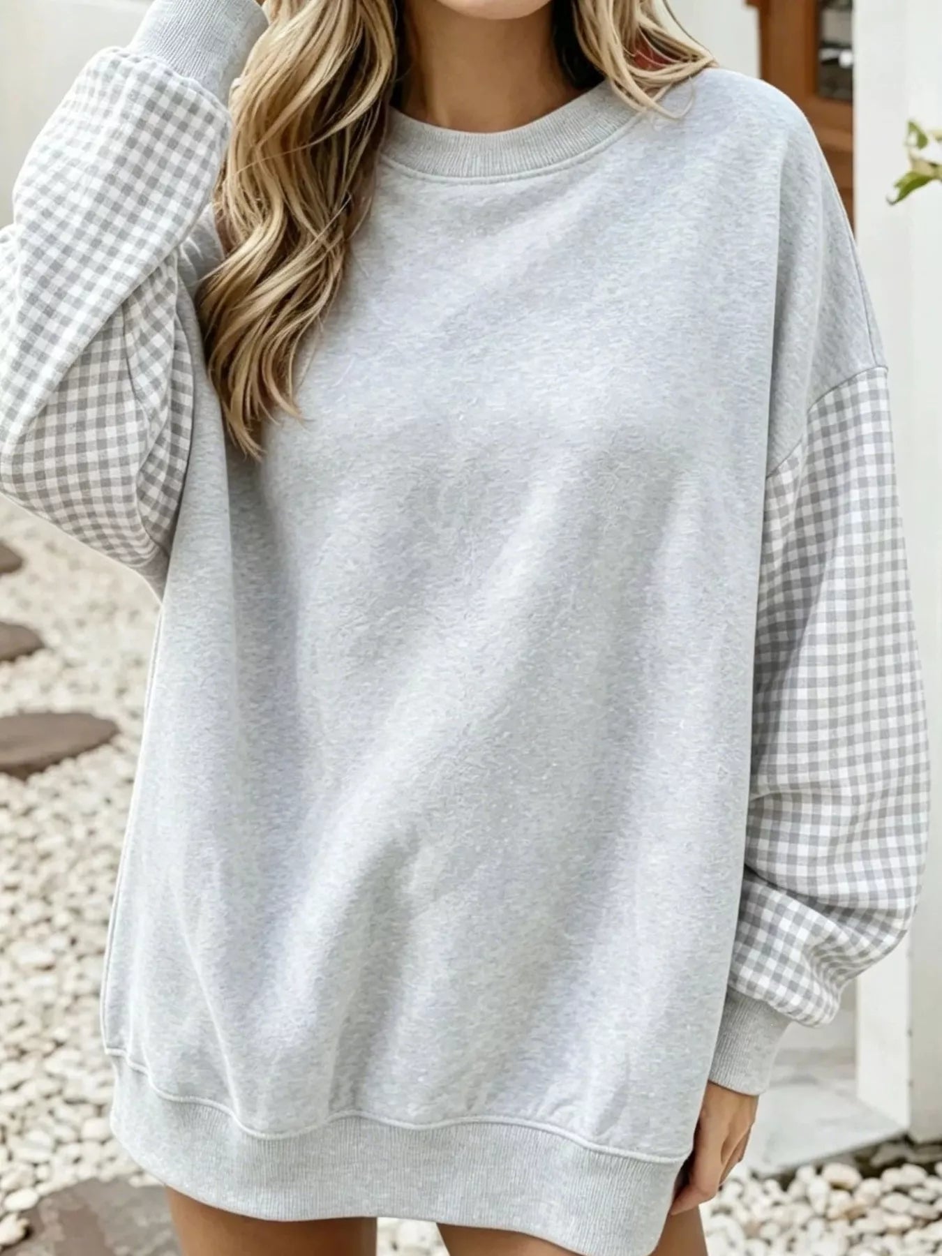 Contrast Gingham Long Sleeve Sweatshirt